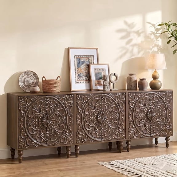 LEFHDA Vintage French Style Accent Cabinet with Storage, 30.7" Sideboard Buffet Cabinet with 2 Floral Carved Doors & Distressed Design, Hallway, Dining Room, Antique Walnut 3PC