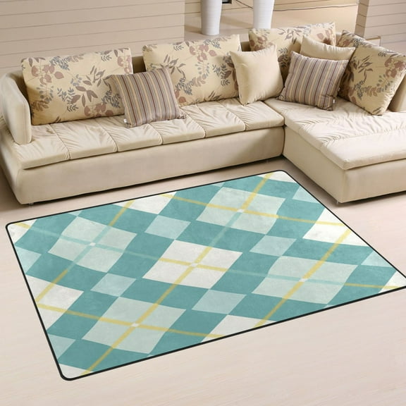 Carpet Mat with Memory Foam Ultra-Soft and Non-Slip Area Rug 31"x20" Light Teal and White Argyle