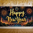 thumbnail image 5 of Golden Lettering Happy New Year Banner Fireworks Design New Year Display Clock Tower Pattern City Night Scene Holiday Backdrop for New Year Party New Year's Eve Celebration Holiday Gathering, 5 of 9