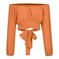 thumbnail image 4 of Ichuanyi Womens Tops Woman's Strapless Long SleeveSolid Color Off Shoulder Ruched Lantern Sleeve Crop Tops, 4 of 9
