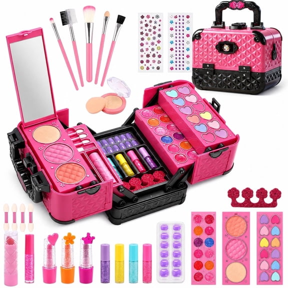 JoyStone 62Pcs Kids Washable Makeup Kit Make Up Set, Pretend Vanity Set with Cosmetic Case Birthday Toys for Girls 3-12 Year Old Kids, Black