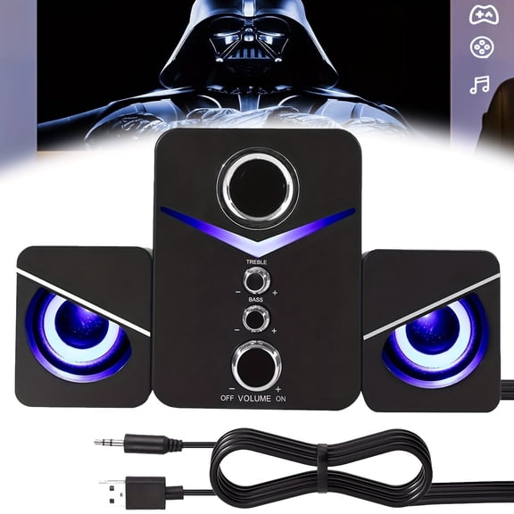 Computer Speakers with Subwoofer, USB Powered And 3.5Mm Auxiliary Connection Computer Speakers 2.1 Channel with Blue Ambient Light for Desktop, Laptop, Tablet Speakers Living Room Party