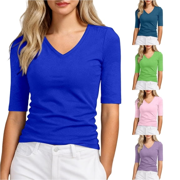 XIAONU Women's V Neck Elbow Sleeve Fitted T-Shirt Slim Fit Soft Casual T-Shirts Daily Basic Lightweight Tee