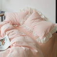 thumbnail image 3 of Pink Lace Duvet Cover King 100% Washed Cotton 3 Pcs Set 1 Princess White Ruffle Duvet Cover with Zipper Ties 2 Pillow Shams Cute Peach White Striped Bedding Set Soft, 3 of 7
