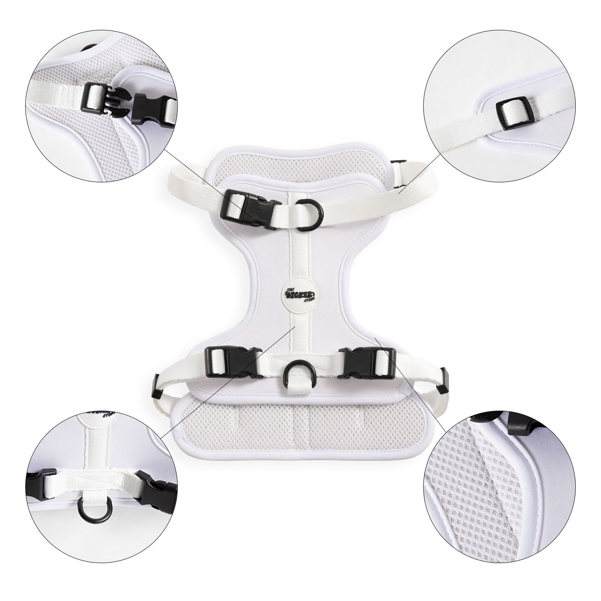 THE LICKER STORE Arlo Medium Adjustable Soft Padded No Pull Pet Harness with 3 Buckles and 3 Leash Clips, White, HNS1002F