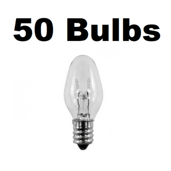 7 Watt, C7 Night Light, 120 / 130 Volt, Clear, E12 Candelabra Base 50 Bulbs
