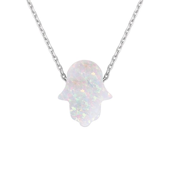 iJewelry2 Sterling Silver Small White Opal Hamsa Hand Shape Pendant Necklace