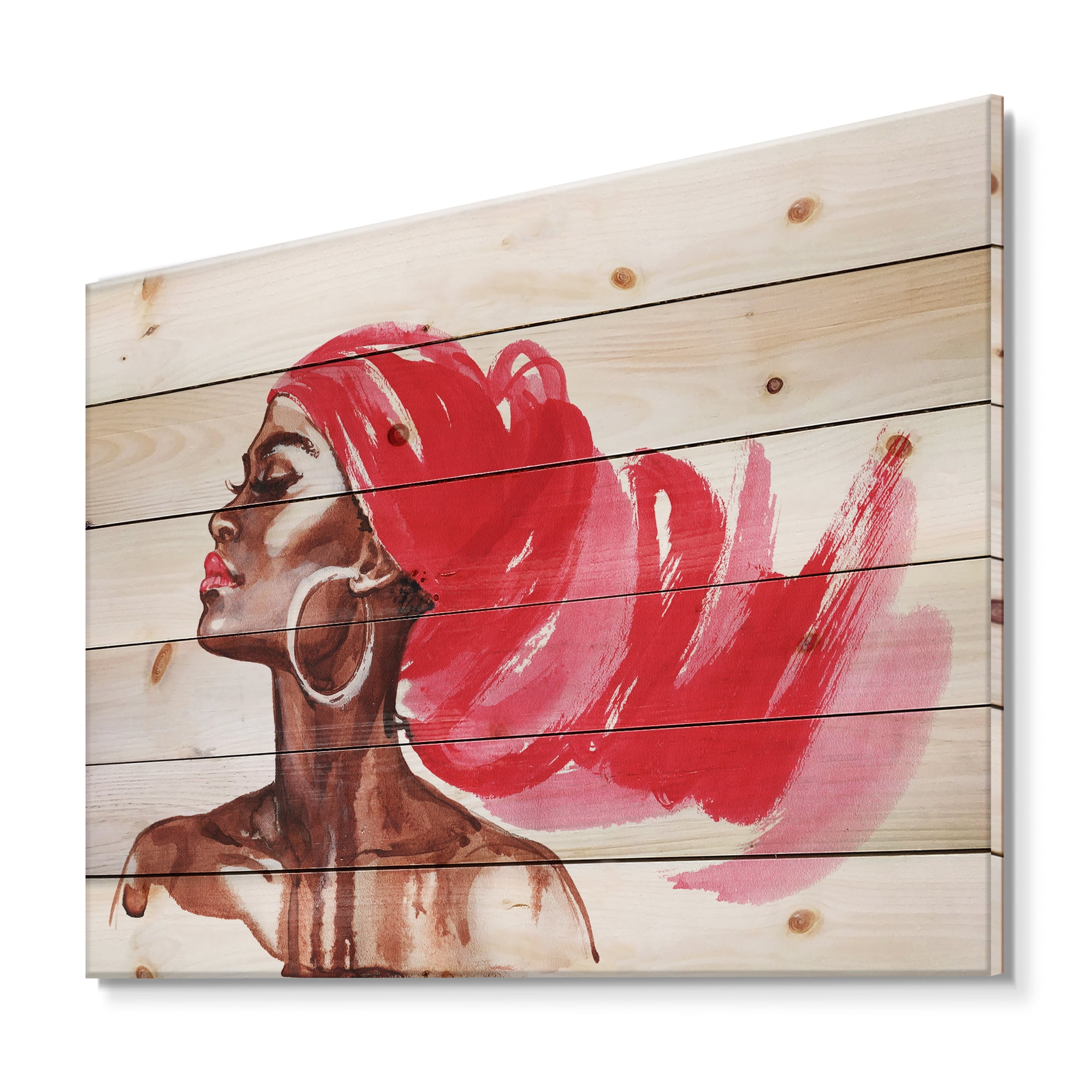 Designart 'Portrait of Afro American Woman IX' Modern Print on Natural Pine Wood