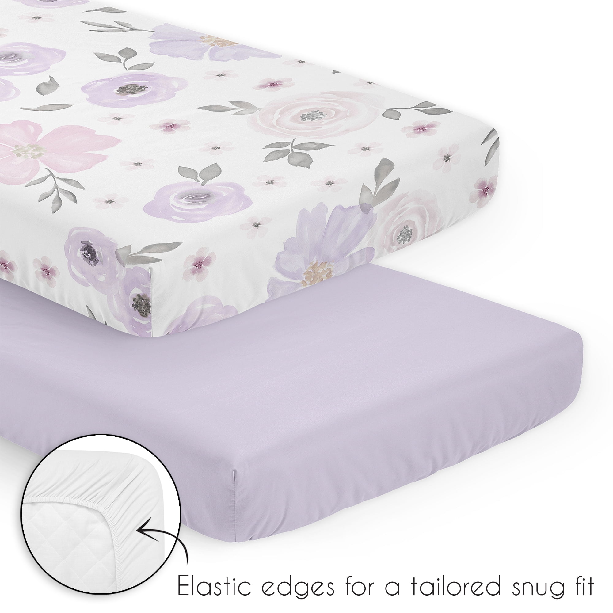 Sweet Jojo Designs Watercolor Floral Purple Pink and Grey 3 Piece Mini Crib Bedding Set
