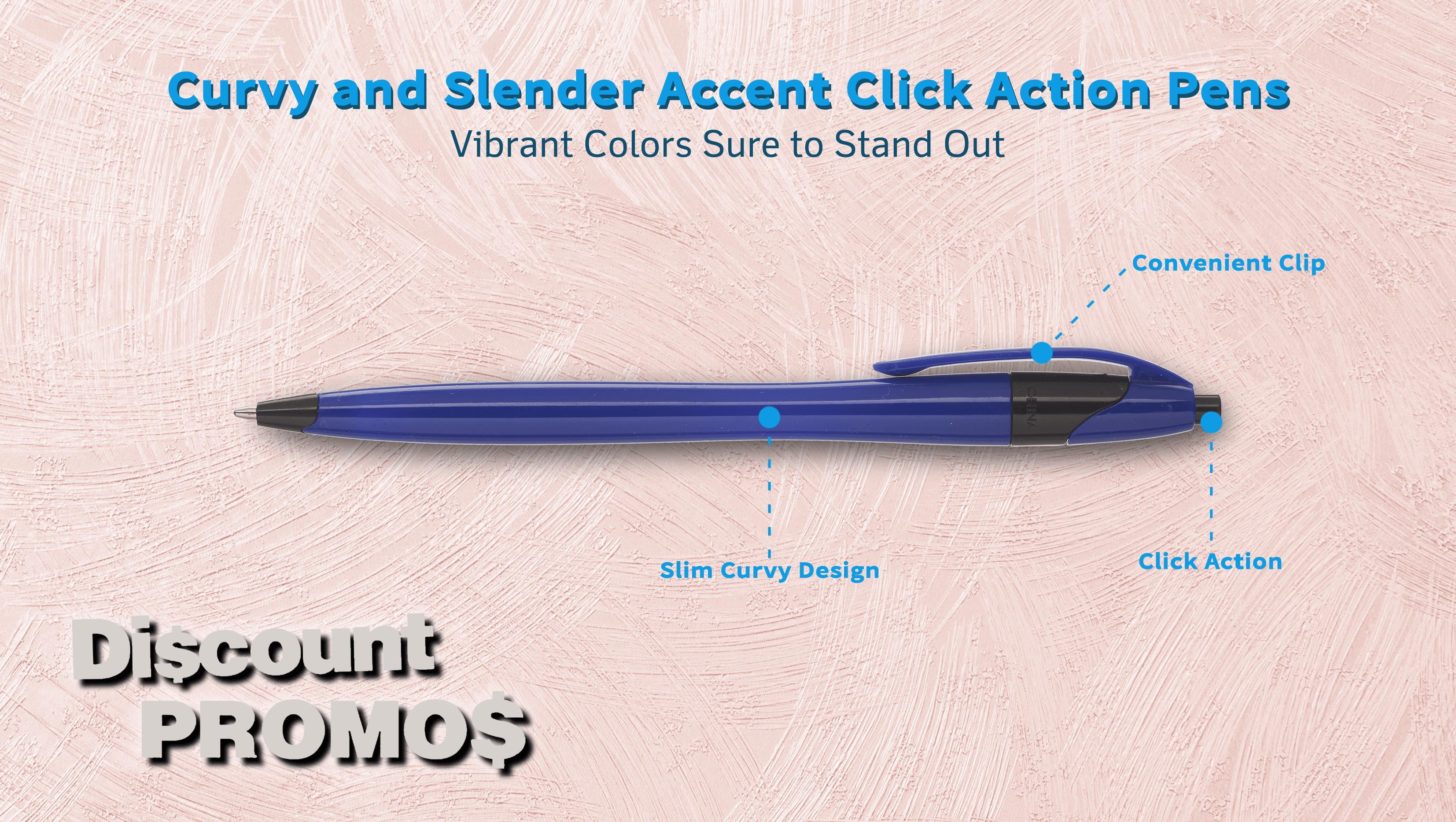 10 Accent Click Action Pens Pack - Plastic, Curvy, Vibrant, Black Ink - Reflex Blue