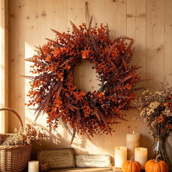 16 Inch Artificial Fall Wreath Rustic Orange and Brown Faux Foliage Twig Wreath for Front Door Wall Fireplace Mantel Autumn Harvest Home Decor