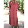 thumbnail image 4 of Womens Loose Fit Casual Solid Color Short Sleeve Linen Blend Midi Dress Summer Wine Red M, 4 of 7