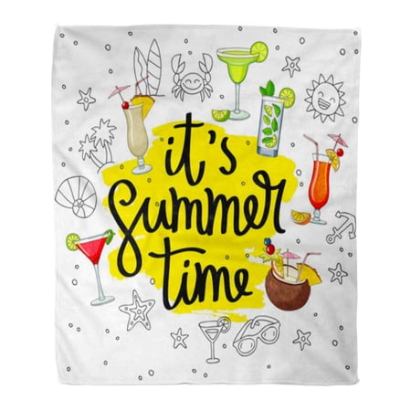 SIDONKU Throw Blanket Warm Cozy Print Flannel Saying It Summertime Surrounded by Different Cocktails and Summer Pina Colada Comfortable Soft for Bed Sofa and Couch 50x60 Inches