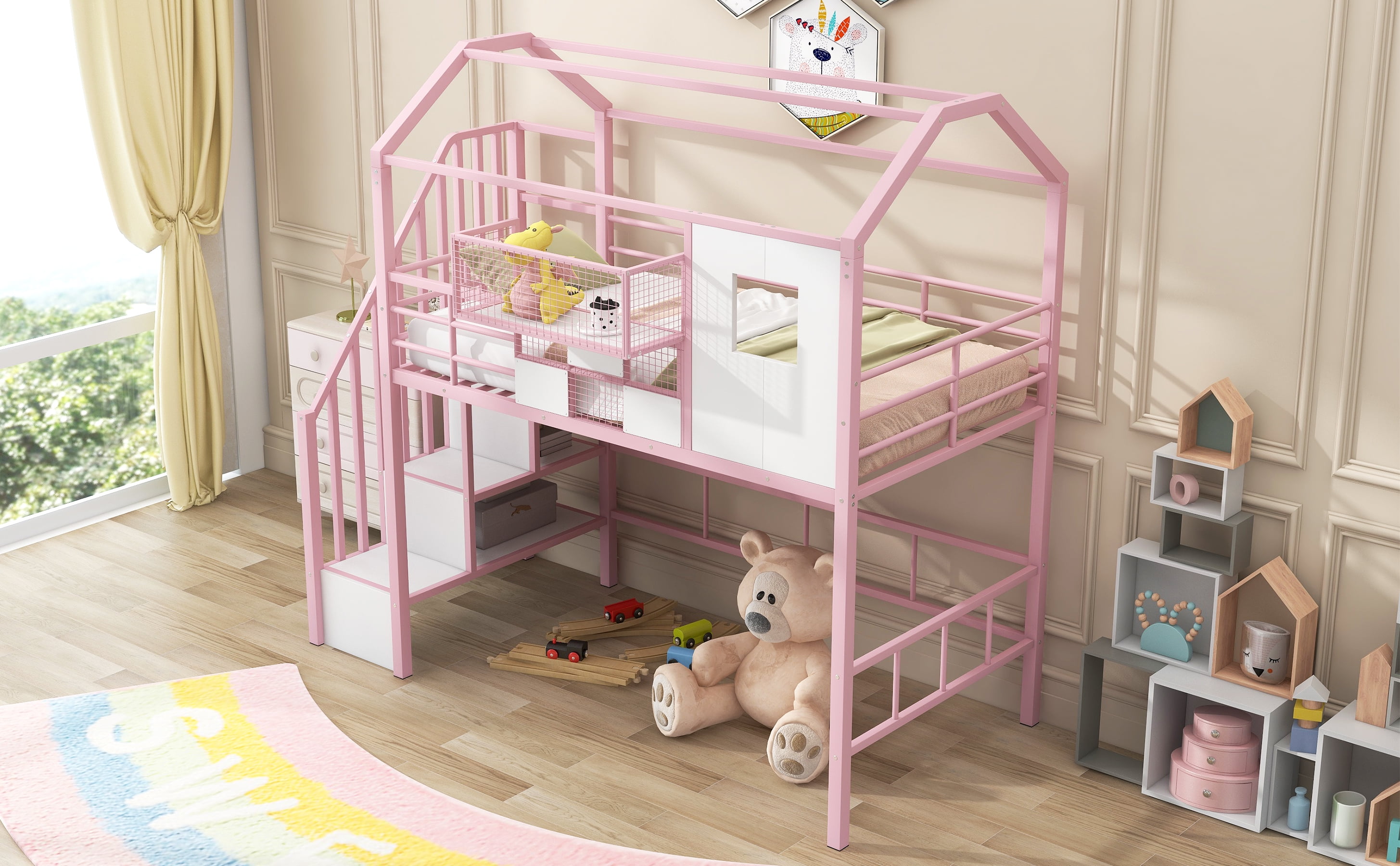 Mintazer House Loft Bed with Roof & Storage Compartment, Metal Loft Bed with Staircase & Guardrails, Pink