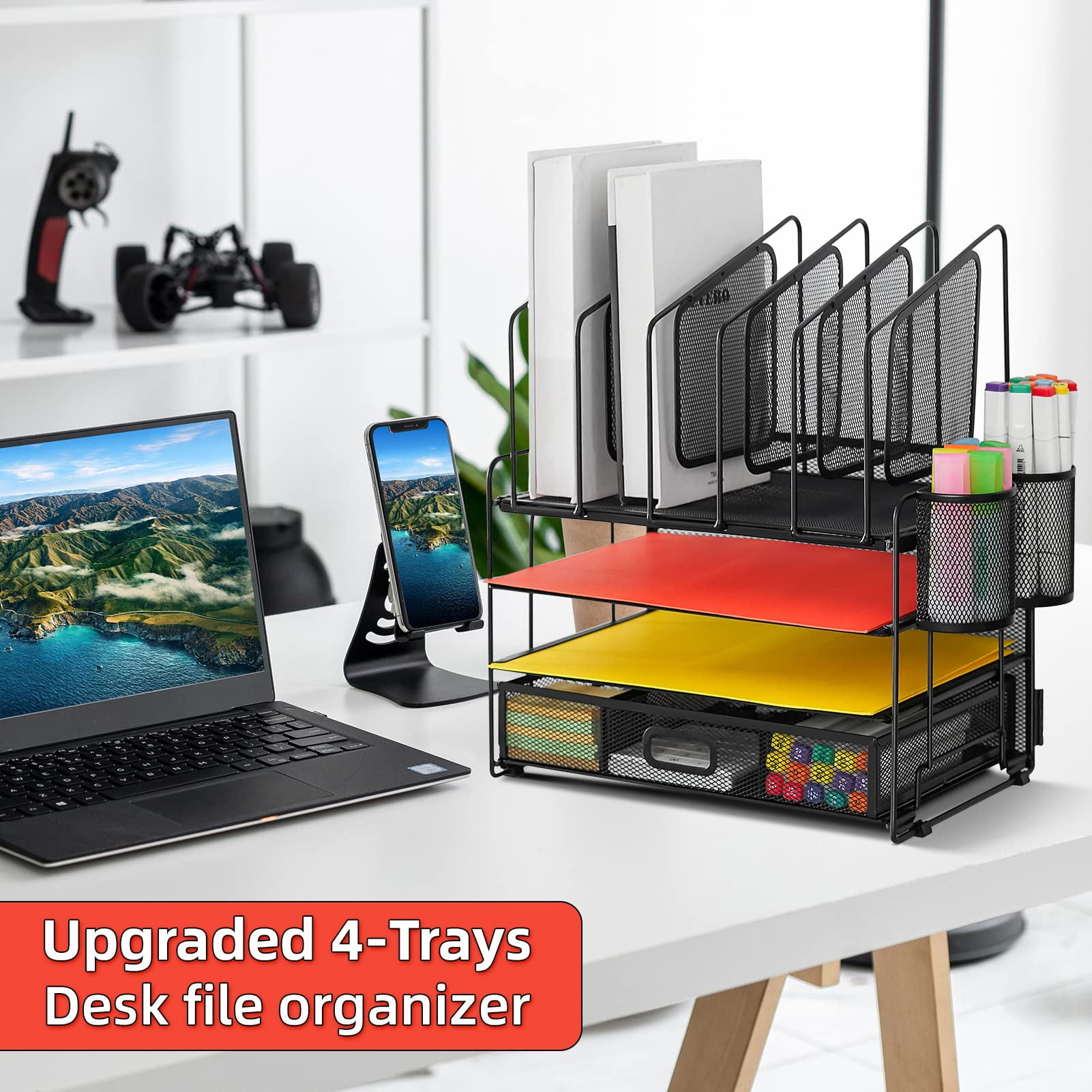 Desk Organizer With Drawer  4-tier Mesh File 5 Vertical Holders And 2 Pen Multifunction Desktop Organizers Accessories For Home Office