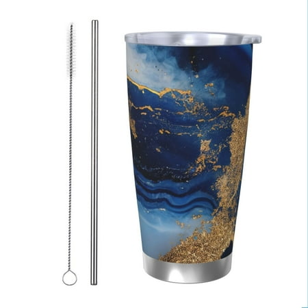 

Zeuib Navy Blue Marble Printed 20oz Stainless Steel Insulated Car Cup Stainless Steel Thermal Cup Vacuum Insulated Leak-proof Travel Mug Cup-Straw Two-piece Set