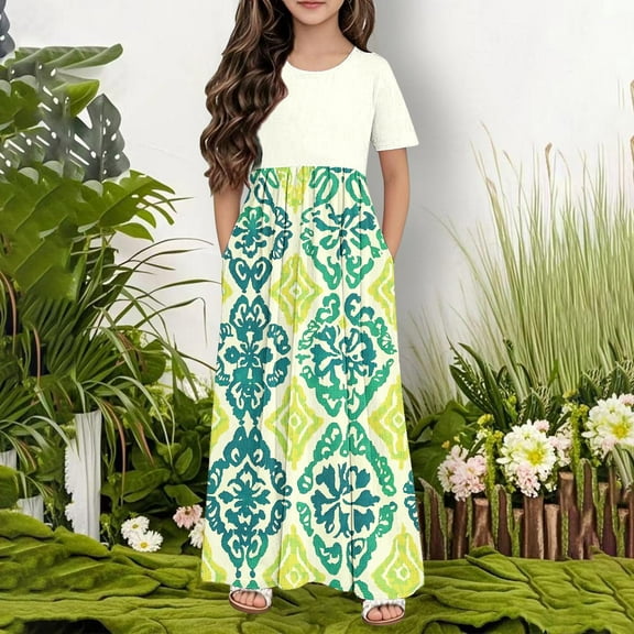SGFCWSX Girls Short Sleeve Maxi Dress Kids Crewneck Floral Print Casual A-Line Dress with Pockets for Summer Vacation Wear White Size 7-8 Years