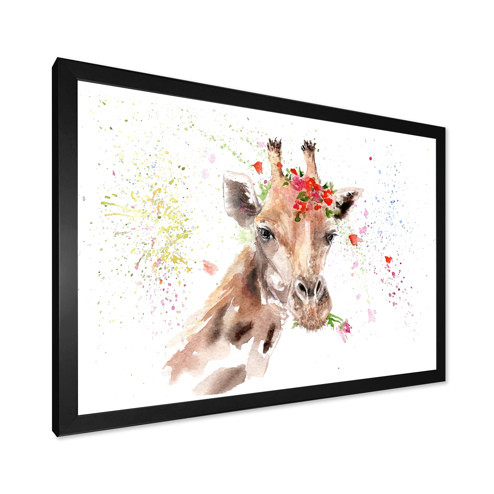 Designart 'Portrait of A Giraffe With Red Flowers II' Farmhouse Framed Art Print
