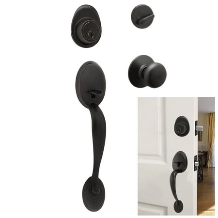 Pro-Grade Grand Entry Handleset Lever Door Handle and Ball Knob with Deadbolt Set, Oil Rubbed