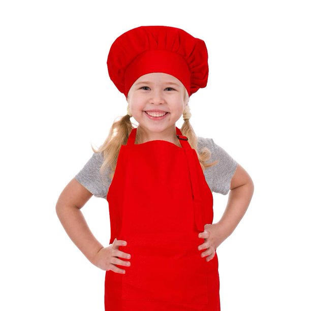 CRJHNS Conjunto de Delantal y Gorro de Chef para niños, Delantales Infantiles de algodón Ajustables con Bolsillo Grande Delantales con Pechera de Cocina para niñas y niños Rojos para cocinar, Hornear,