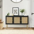 thumbnail image 2 of 54" Storage Buffet Credenzas Sideboard Cabinet Adjustable Shelfs Rattan 3 Doors Metal Leg TV Stand Home Kitchen Living Room Black, 2 of 8