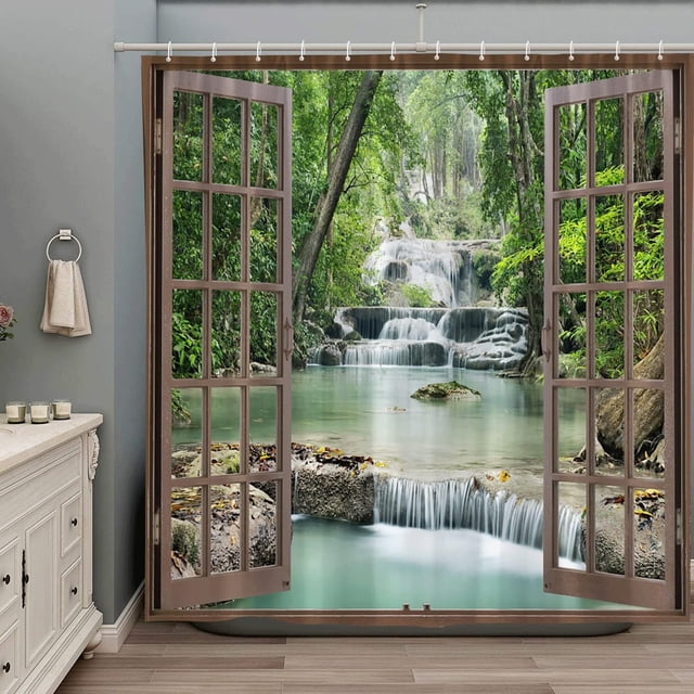 Tropical Forest Waterfall Shower Curtain - Spring Nature Green Tree Jungle Rainforest River Stone Landscape, Fabric Bathroom Decor Set with Hooks, 70Wx70H Inch, Adds a Vibrant and Refreshing Atmospher