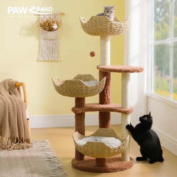 PAWZ Road 46" Cat Tree, Wooden-Style Cat Tower with Sisal Scratching Post, 3 Hand-Woven Perches with Cushion, Cat Activity Center for Indoor, Brown
