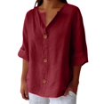 thumbnail image 2 of Red Tshirts for Women Linen Shirts for Women Summer Cotton Linen V Neck 3/4 Sleeve Tops Loose Vacation Beach Solid Blouses Tunic Tops Summer Tops, 2 of 6