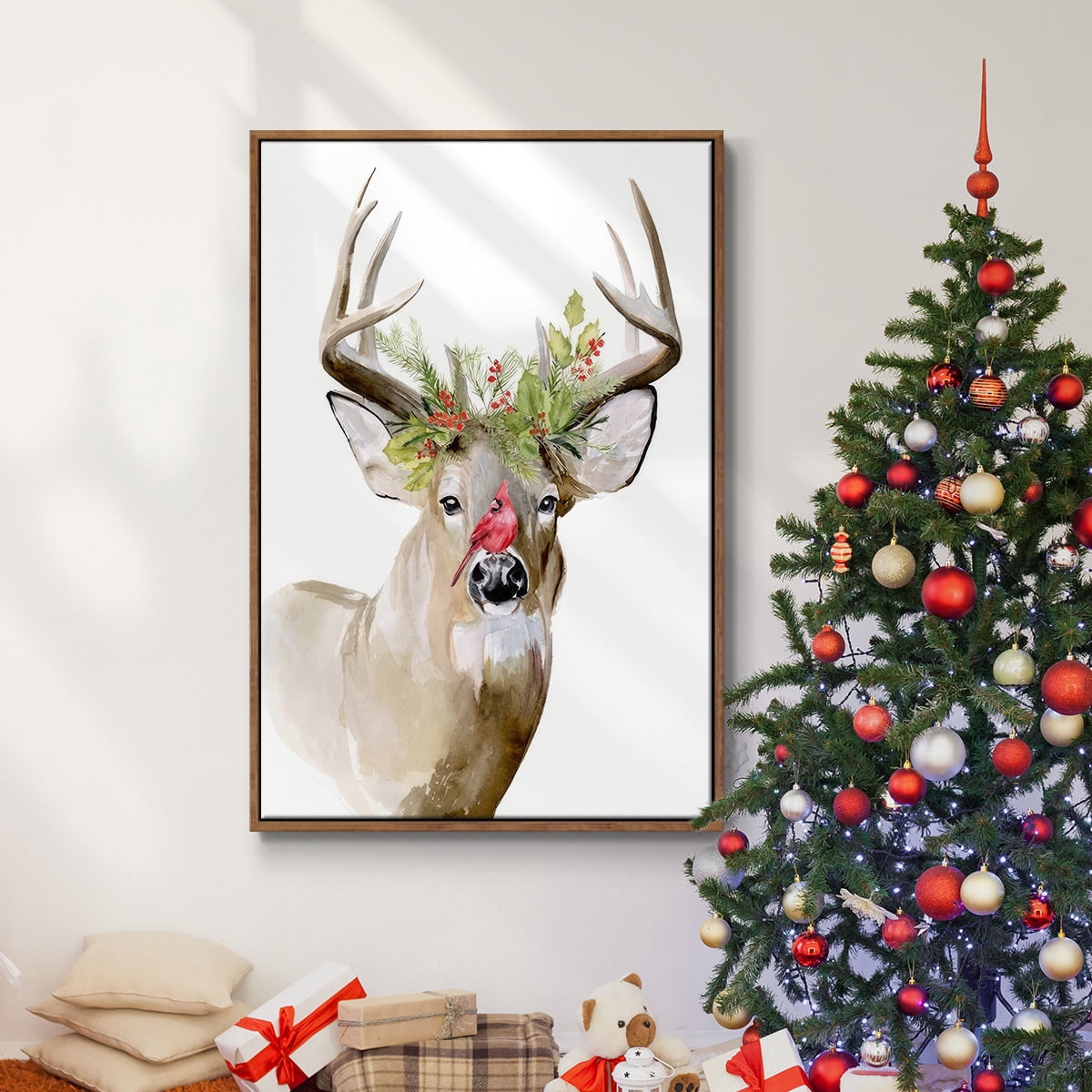 Holiday Deer II - Framed Gallery Wrapped Holiday Canvas - 25 x 37 - Rosewood Frame