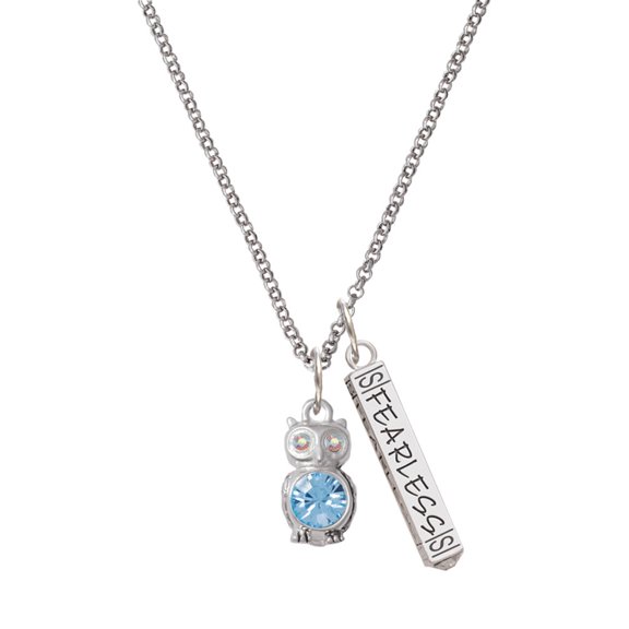 Delight Jewelry Silvertone 3-D Light Blue & AB Crystal Owl Silvertone Fearless Bar Charm Necklace, 23"
