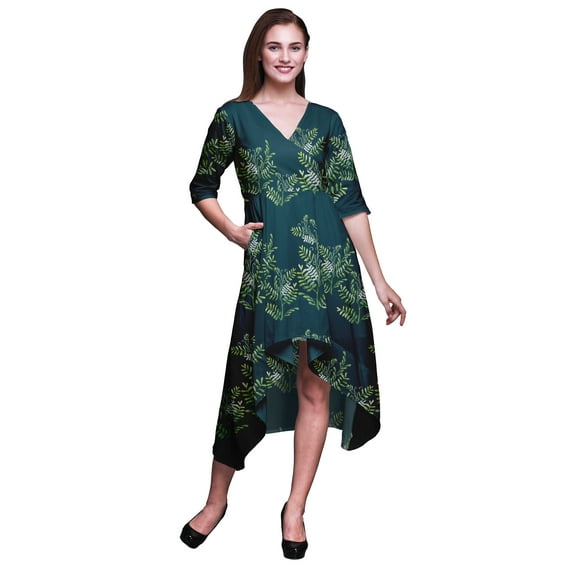 Bimba Cotton Blue Mimosa Pudica Leaves rinted Women’s Asymmetrical Shift Dress With Pockets Casual Midi Dress-XSmall