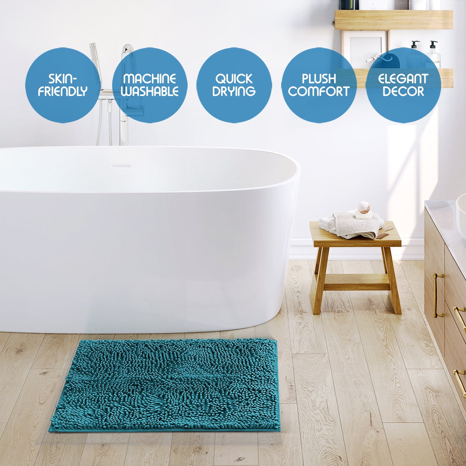 Nestl Bathroom Rugs, Machine Washable Bath Mats For bathroom Floor Rugs, Nonslip Backing Rubber Bath Rug, Teal