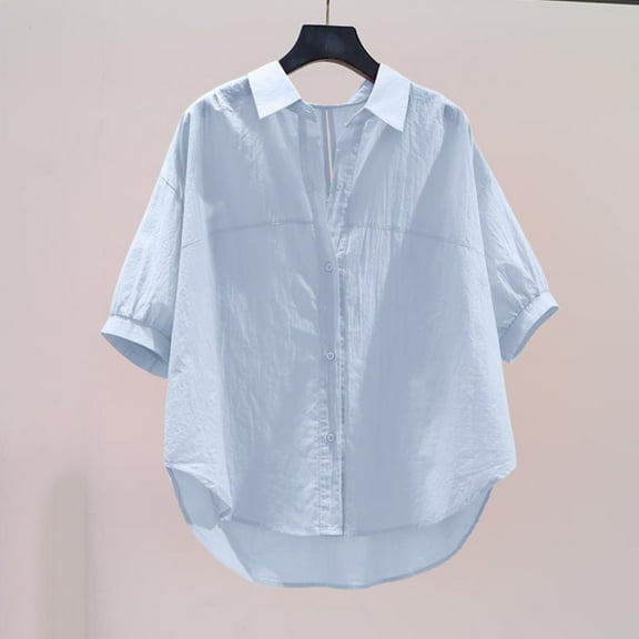 ITSAME Womens Summer Shirt, Buttons Short Sleeve Lapel Solid Color Daily Dressy Blouse Blue L