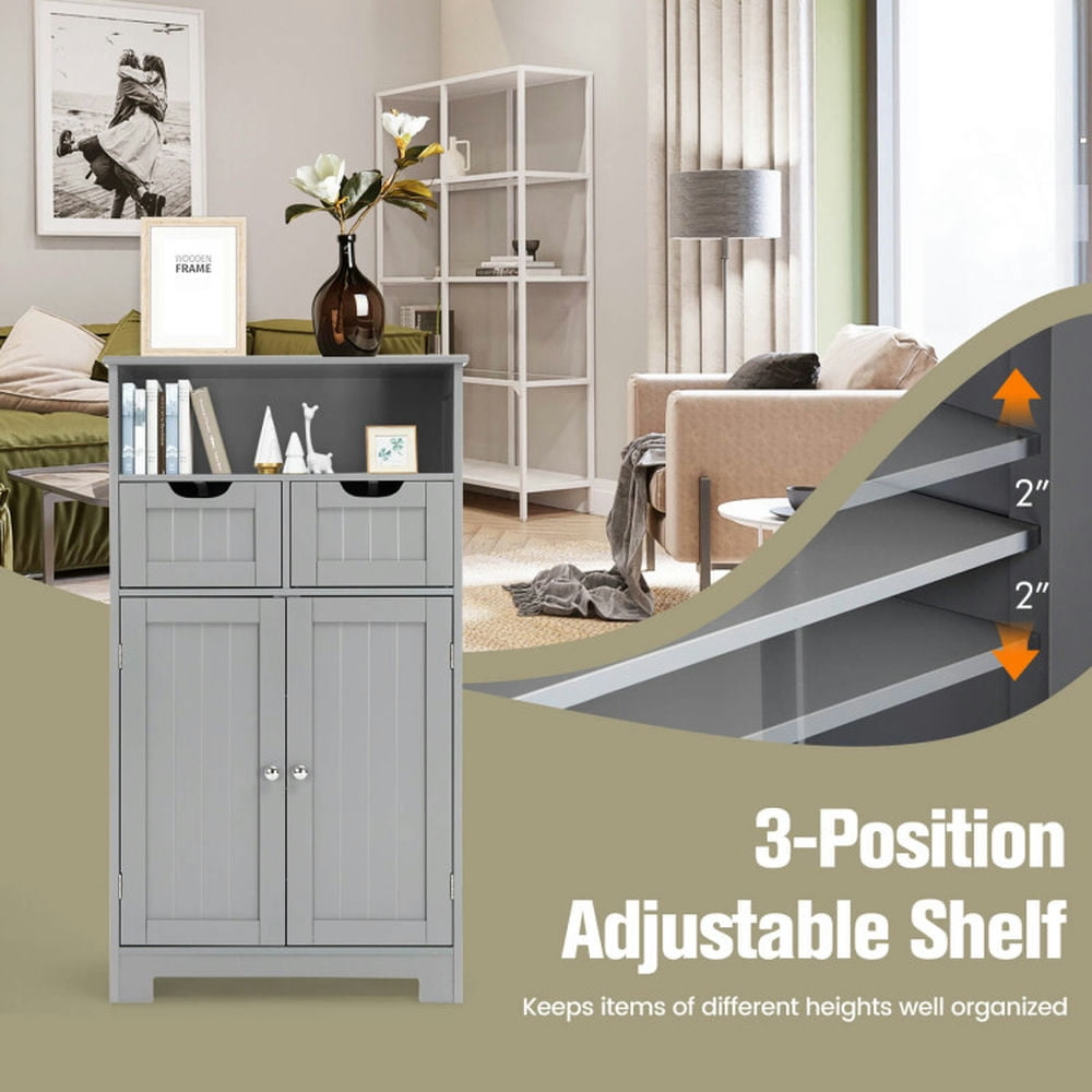 Finihen Storage Cabinet, Bathroom Floor Cabinet, Bathroom Wooden Side Cabinet with 2 Drawers and 2 Doors, for Bathroom, Living Room, Bedroom, Kitchen, Gray