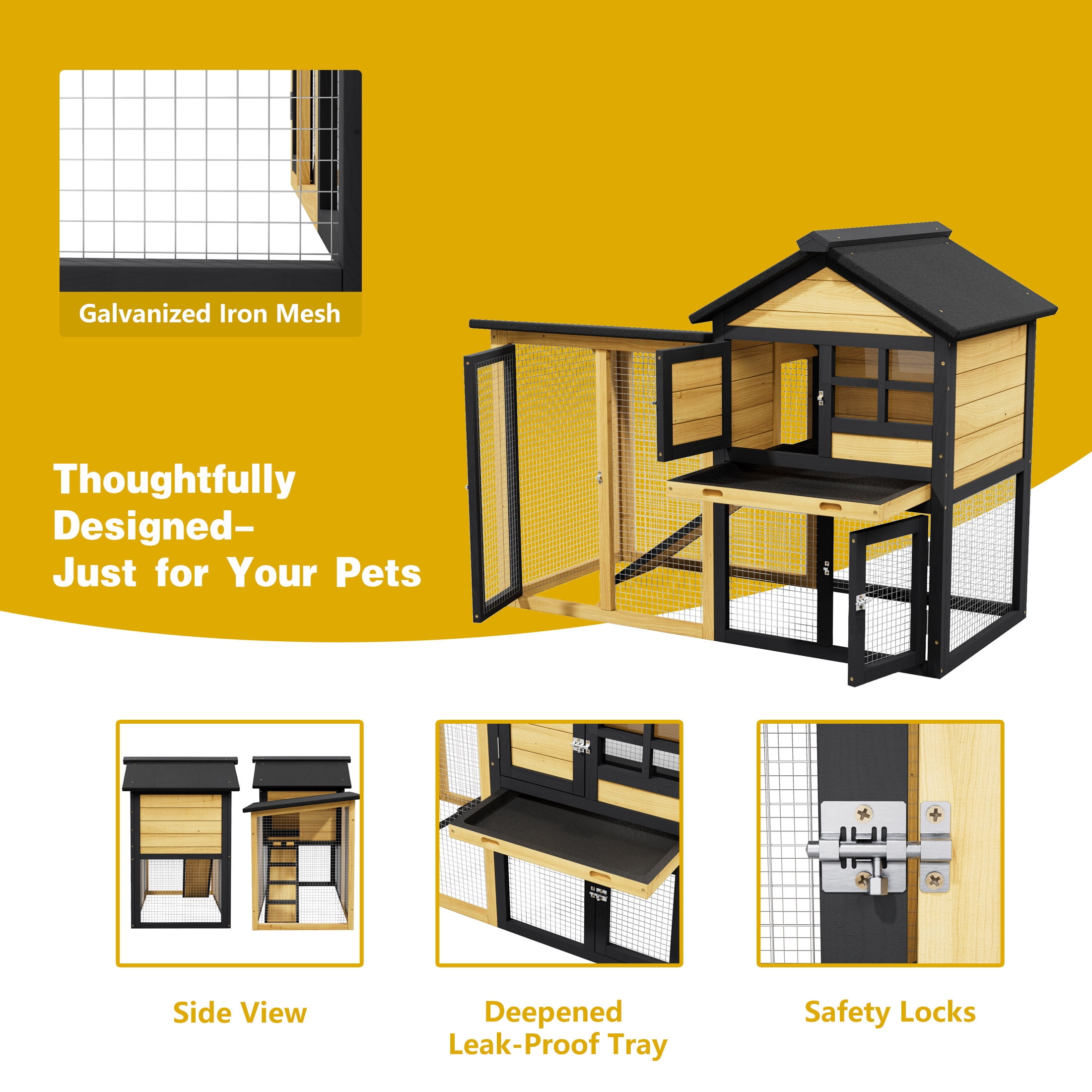 Weatherproof Duck Coop and Wire Mesh Run,Wooden Backyard Duck Condo with Nesting Box,Indoor Rabbit Hutch with Tray,46.9",Yellow