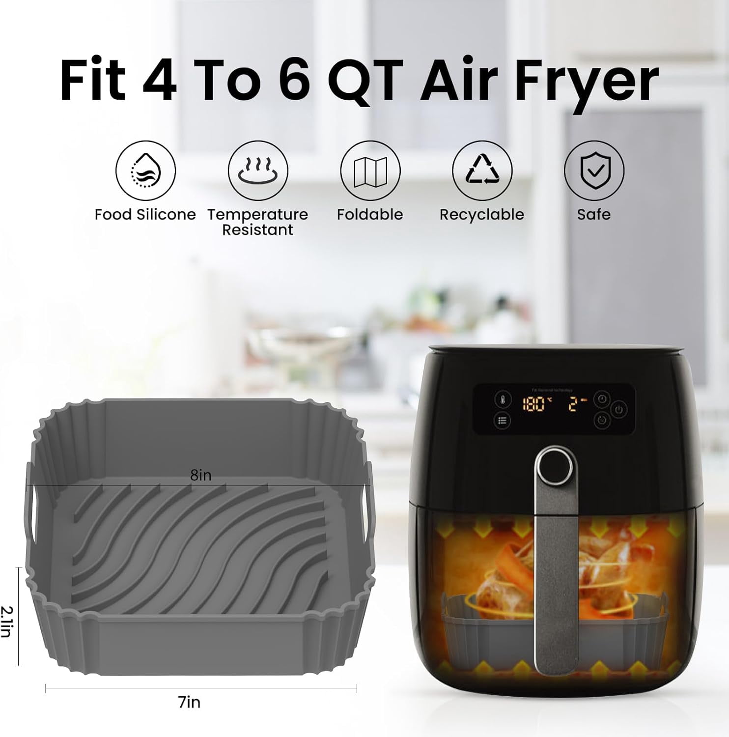Air Fryer Silicone Liners, Square Airfryer Liners, Silicone Air Fryer Liners Reusable for 4-6 QT, Air Fryer Accessories Replacement for Parchment, Airfryer Liners Silicone