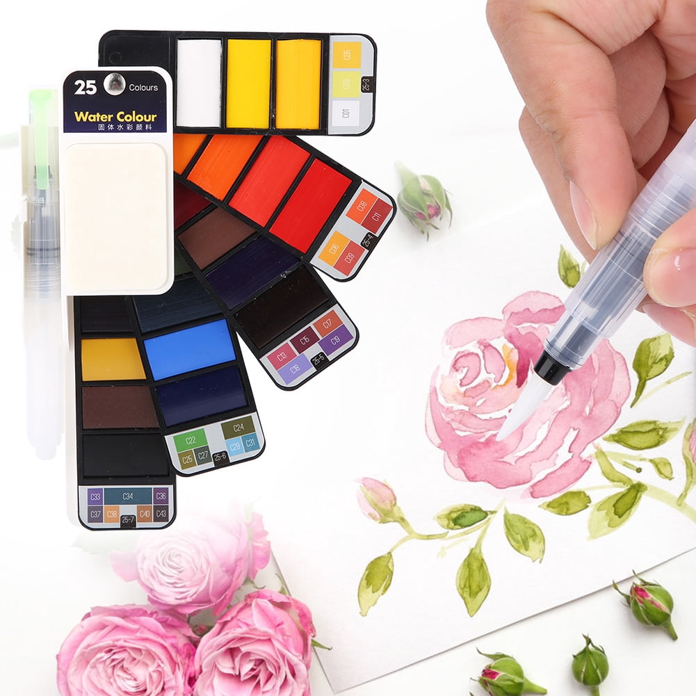 Watercolor Paint Set, Fan Shaped Pigment Painting Set Solid Watercolor with Drawing Dip Pen, Foldable Pigments with Water Brush for Artists Students Kids Beginners