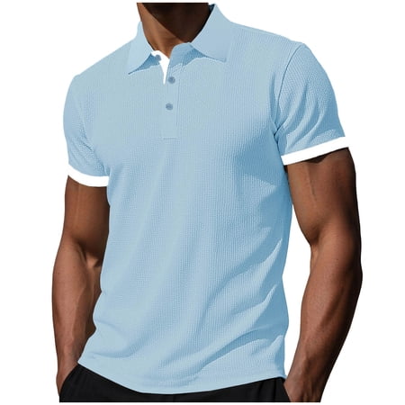 VSSSJ Mens Short Sleeve Golf Shirts Slim Fit Ribbed Lapel Collar Basic Shirt Workout Summer Casual Fashion Button Up Business T-Shirt Tops Light Blue L