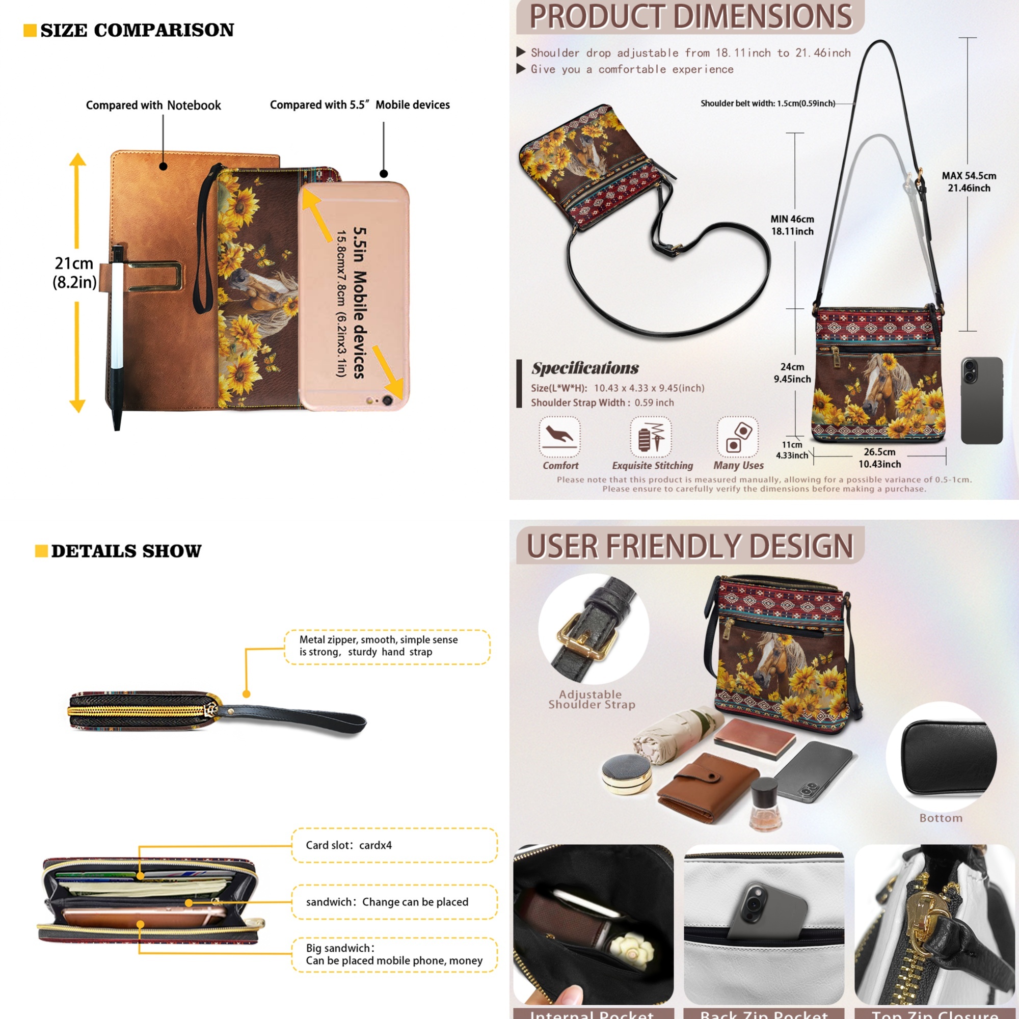 ZUXONGSY Aztec Horse Butterfly Sunflower Print Ladies PU Leather Crossbody Bags with Purse Set- Adjustable Crossbody Strap Hobo Bag and Wallet Set for Party or Dating