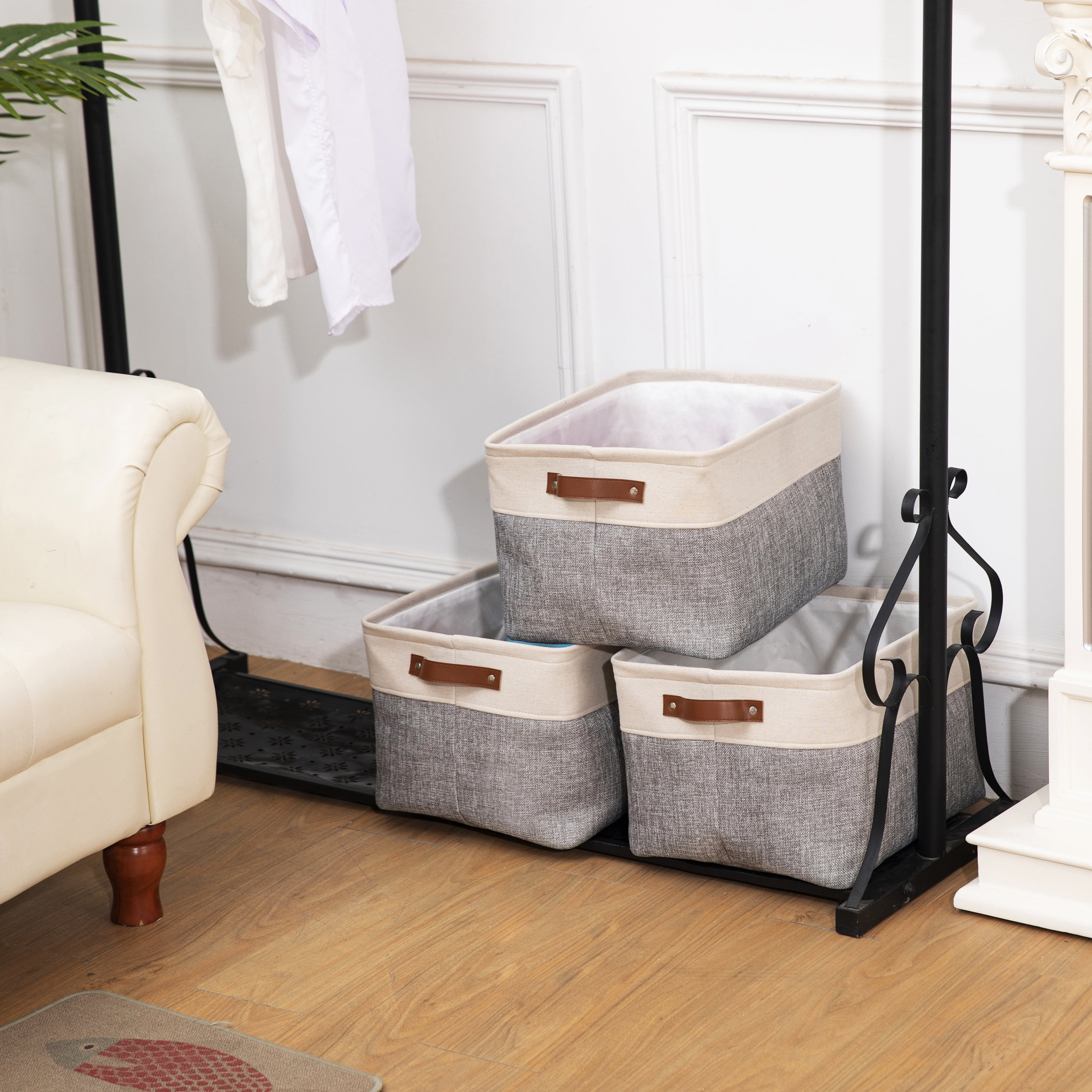 WEHUSE Large Cloth Storage Baskets for Shelf, Collapsible Fabric Closet Storage Bins with Leather Handles, Grey 15.8 L x 12 W x 10 H Inch