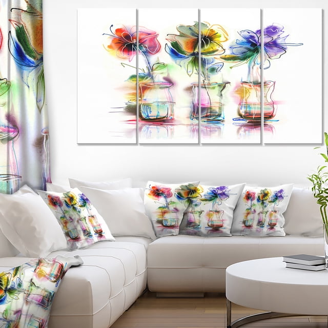Fleurs Abstraites dans des Vases en Verre - Art Mural Floral Extra Large