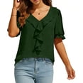 thumbnail image 4 of Ygbgbb Women's Ruffle Trim V Neck Blouses Lightweight Short Sleeve Tops Solid Casual Daily Shirts Trendy Spring Summer Outfits Green M, 4 of 7