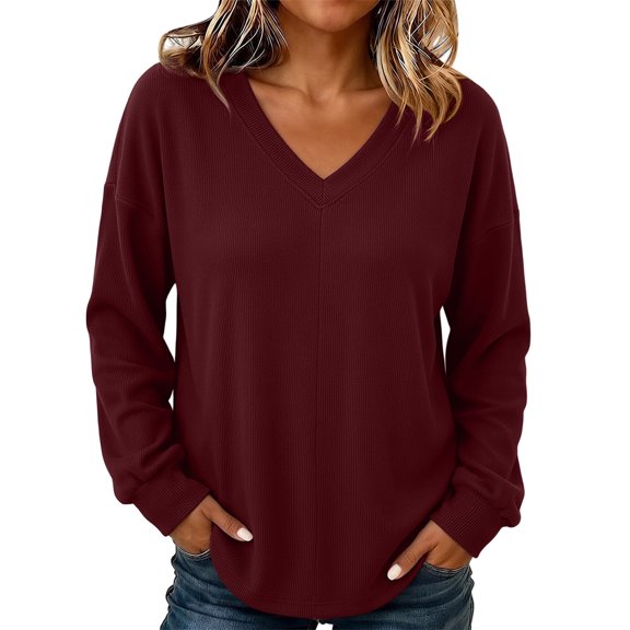 hlysgo Women's Long Sleeve Sweatshirt V Neck Comfort Cozy Tops Basic Soft Loose Pullover Sweatshirts Wine,L