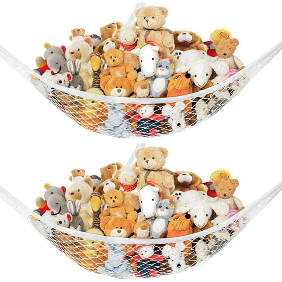 Stuffed Animal Hammock, 2 Pack | Corner Hanging Organizer, Toy Storage, Stuffed Animal Storage | Easy to Hang | Cute Room, Bedroom & Home Decor (White)