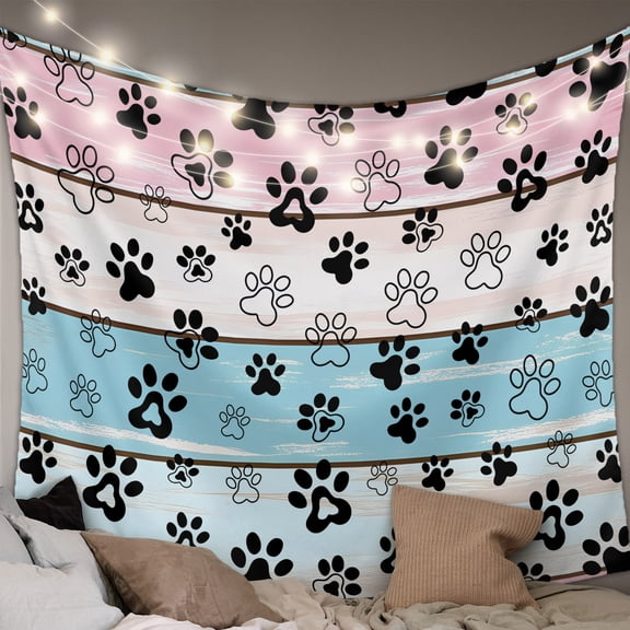 Blue Pink Dog Paws Prints Tapestry for Bedroom Wall Hanging Tapestry, Farmhouse Beige Wood Ceiling Backdrop Tapestries Poster Blanket Wall Decor for Teens Room Living Room Dorm 59" x 79"