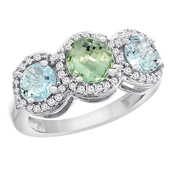 14K White Gold Natural Green Amethyst & Aquamarine Sides Round 3-stone Ring Diamond Accents, size 9.5