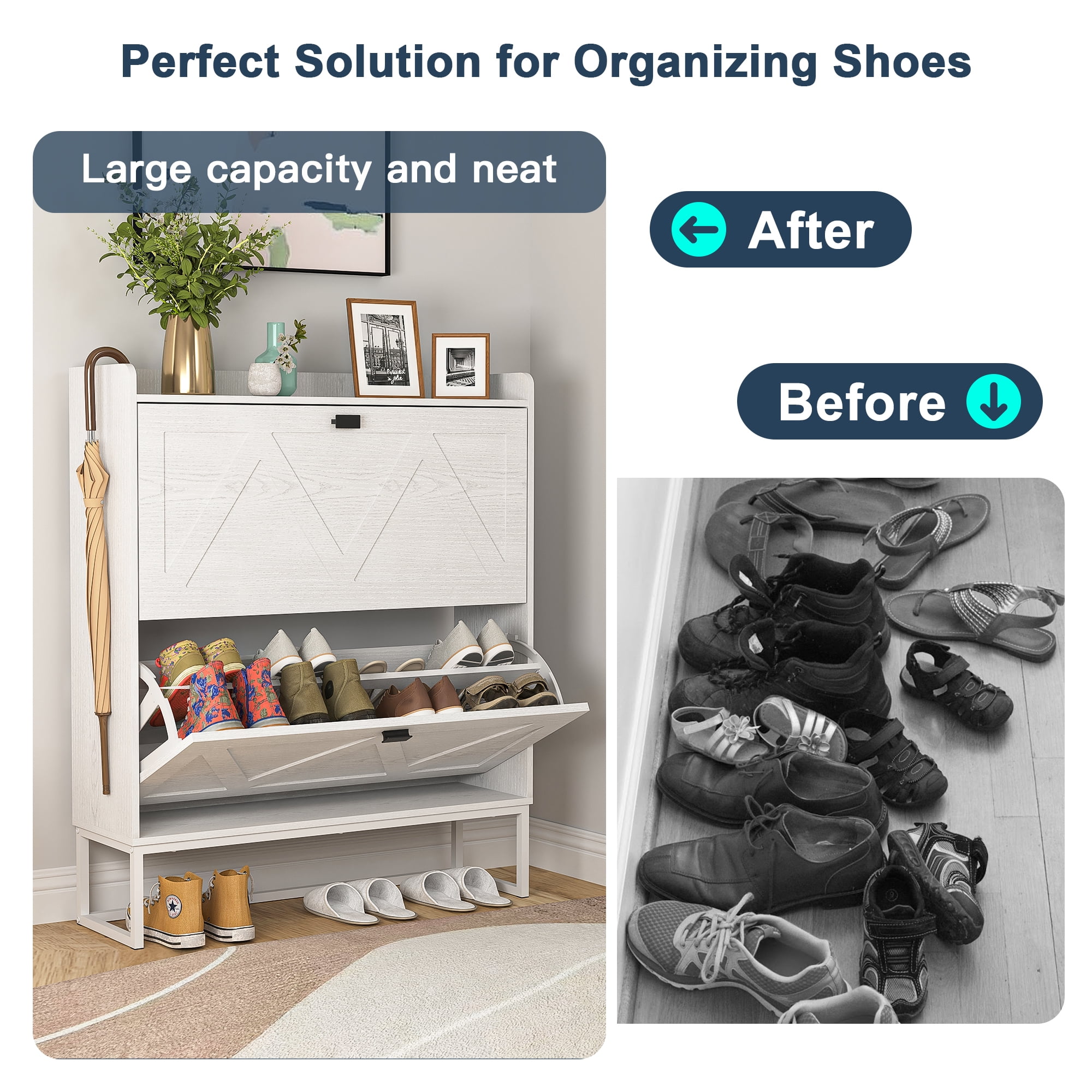 Demi Bonn Shoe Storage Cabinet with 2 Flip Drawers, Freestanding Organizer with Metal Legs for Entryway, Narrow Shoe Rack Cabinet, White