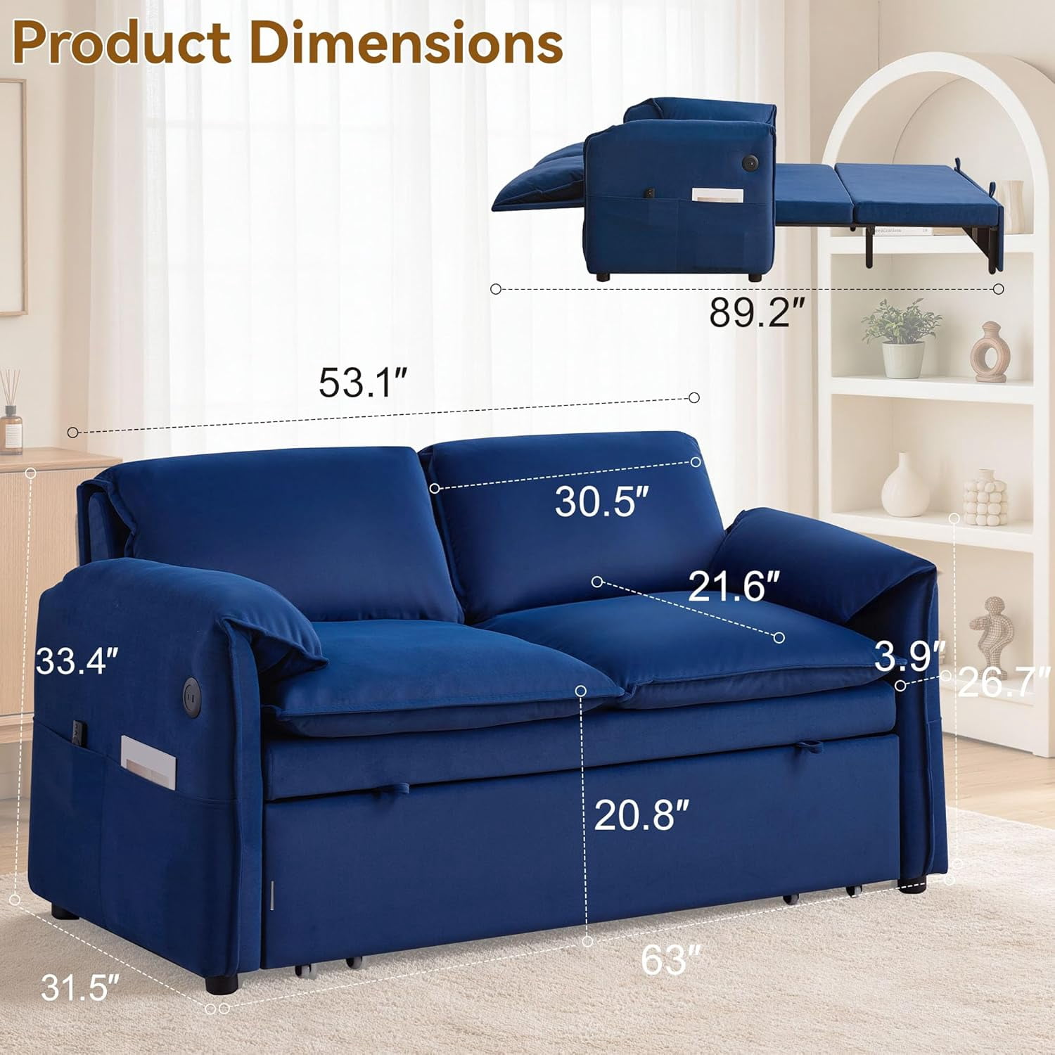 63" Velvet Pull Out Couch, 3-in-1 Convertible Sleeper Sofa Bed with Adjustable Backrest, USB Charging Ports, Side Pockets, Modern Loveseat for Living Room, Bedroom, Apartment, Blue