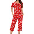 thumbnail image 2 of Puntoco Conjunto de pijama cómodo para mujer, con estampado navideño, cuello redondo, botones, manga corta y pantalón con bolsillos y cintura elástica, 2 of 5