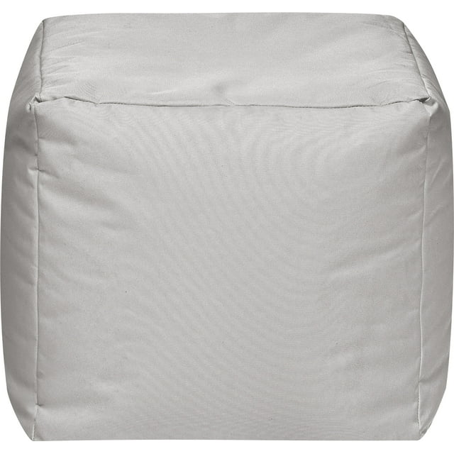 Silver fabric cube pouf with visible stitching on the edges for seating or decor.